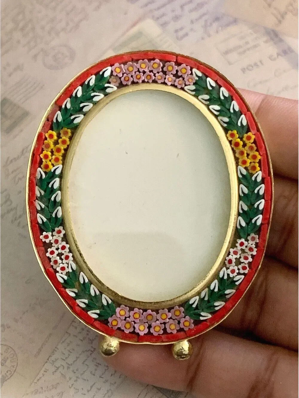 Vintage Italian Micro Mosaic Picture Frame Floral Oval Desktop Stand